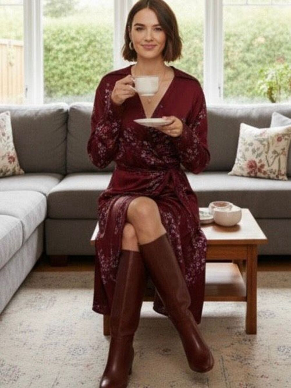 Brand New Vince Women’s XS Dark Cognac V Neck Satin 100% Silk MIDI Dress NWT